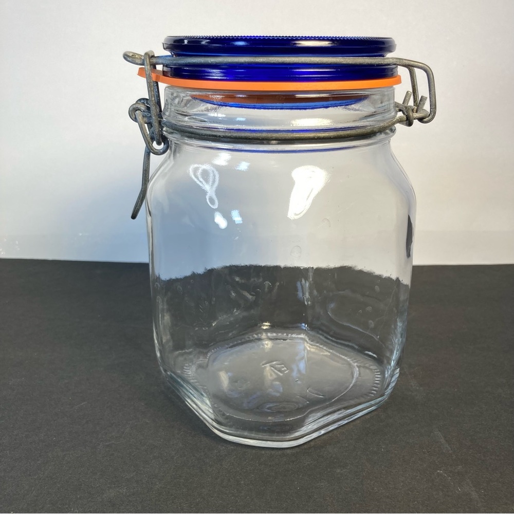 FIDO Italy Cobalt Blue Glass Jar 1 L Swing Top Bormioli Rocco Squared Made Italy